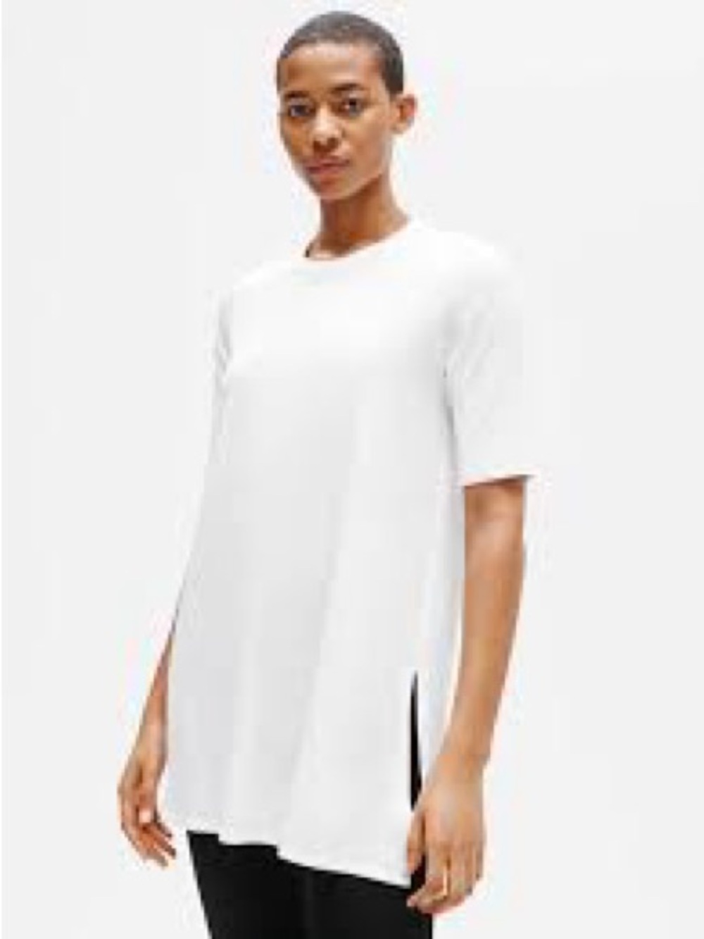 Eileen Fisher White Fine Jersey Elbow Sleeve Side Slit Tunic Top Size XS